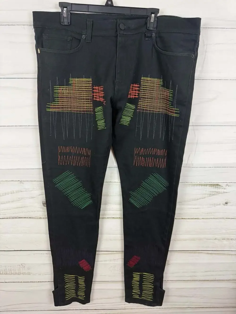 Golden Denim Black Slim Stitch Embroidered Patchwork Jeans Size 38